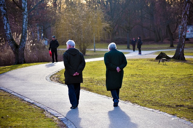 Un couple de personnes séniors prenant une marche dans le parc.
